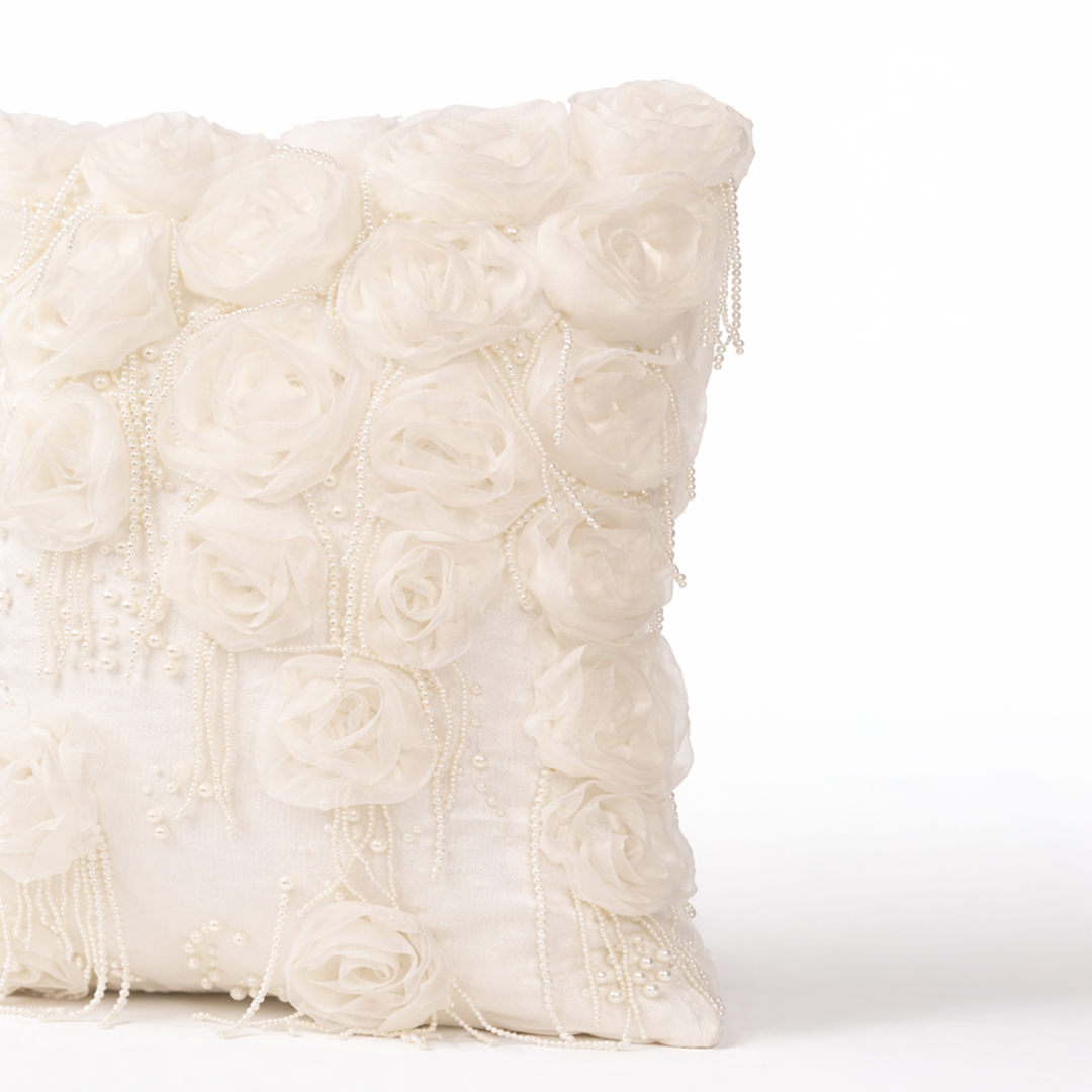 White Rose And Pearl Fringe Pillow Cover